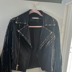 Alice + Olivia Studded Black Leather Jacket with Fringe